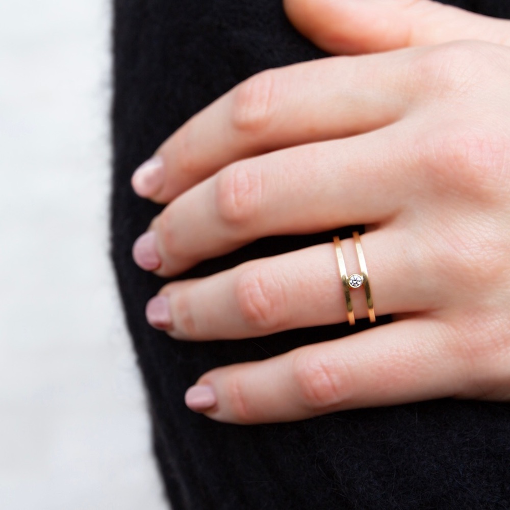 Double Band Gold Plated Over Silver 925 Ring with a Brilliant CZ Center Stone